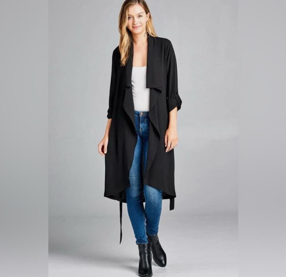 Elodie Linen Blend Draped Open Front Jacket Size S Small Black